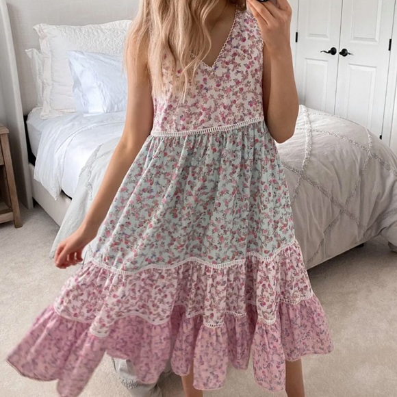 LoveShackFancy Dresses & Skirts - LoveShackFancy Pink and Mint Floral Tiered Midi Sundress